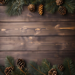 Creative layout frame made of Christmas tree branches and pine cones ON WOODEN BACKGROUND