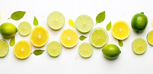Yellow and green lemon fruit slices on white Background