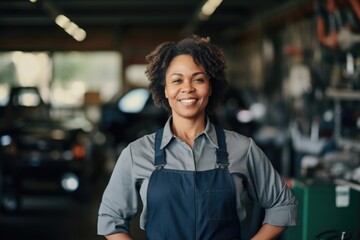 Smiling portrait of a middle aged female car mechanic - Powered by Adobe
