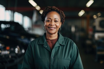 Smiling portrait of a middle aged female car mechanic - obrazy, fototapety, plakaty