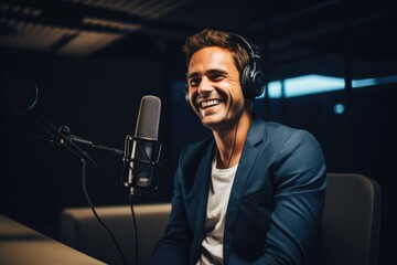 Smiling young man talking on podcast in studio - obrazy, fototapety, plakaty
