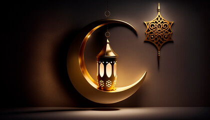 Luminaire in the shape of a golden crescent and an Arabic pendant lamp for the Islamic holiday of Ramadan. Generative AI,