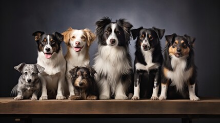 A group of animals are in a position to pose around a border collie dog, cat, ferret, rabbit, bird, fish, and rodent.