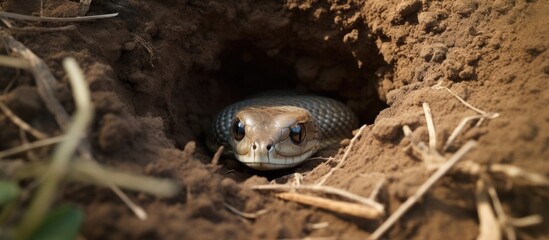 Obraz premium Tiny snake emerging from its burrow.