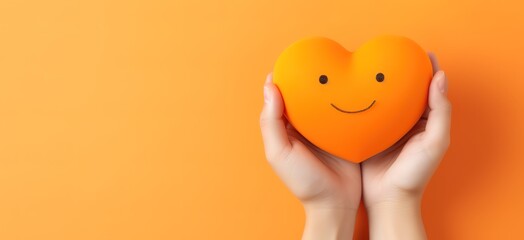 A person holding a simple heart with a smiling image on a yellow background - obrazy, fototapety, plakaty