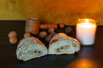 Fresh traditional polish pastry with white poppy-seed filling and nuts. St. Martin's croissant,...