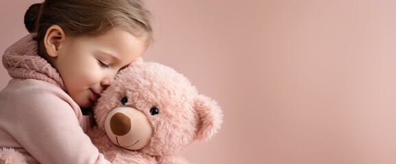 Adorable Child Embracing Teddy Bear on Pink Background