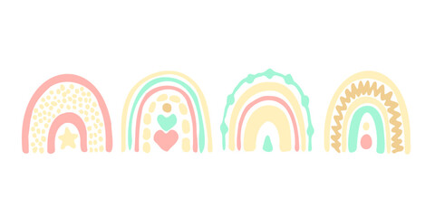 Doodle rainbows colored set. Cute decoration elements. Baby boho style, delicate pastel colors. Colored vector illustration. Scandinavian nordic ornaments.