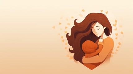 Mother holding baby with heart illustrations on beige background, with copy space, ideal for cards and congratulations on Mother's Day