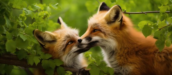 Obraz premium Red Fox licking mate's ear at brush edge in Rosetta McClain Gardens, Toronto, Canada.