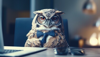 Whimsical Owl with Glasses and Bow Tie at Desk