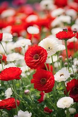 Naklejka premium Background of white and red flowers field