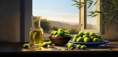 A bottle of olive oil with olives decorated on the side with a light beam effect from the window