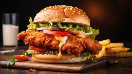 Crispy fried chicken burger sandwich on wooden table - obrazy, fototapety, plakaty