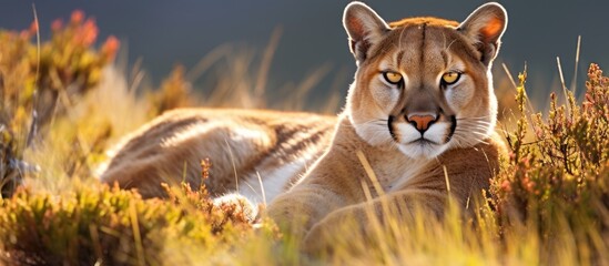 Relaxed puma in grass, Torres del Paine, Chile. - obrazy, fototapety, plakaty