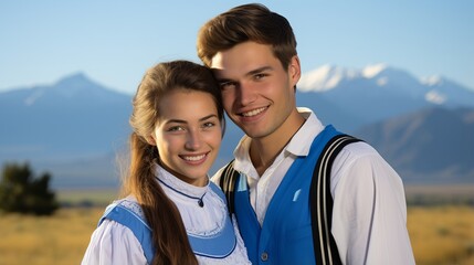 Young Argentine couple in traditional attire, happily embracing love and heritage outdoors, against a scenic backdrop