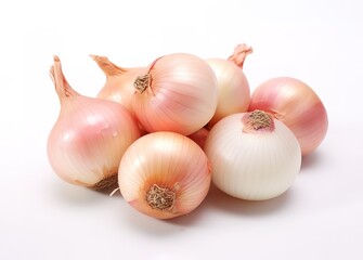 Pile of fresh onions on a white background
