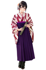 矢絣着物と袴を着用した卒業式の女学生（赤×紫）