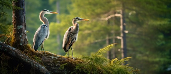 Adult and juvenile Grey Herons observed among the pine trees.