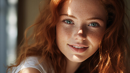 A cheerful, freckled teen, grinning and laughing, with dotted skin; a close-up of her head, depicting natural visual beauty.