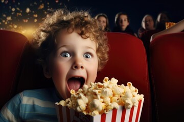 Child Entertained By Cartoons, Munching On Popcorn At Cinema Photorealism