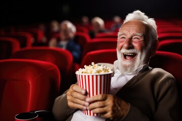 Elderly Man Indulging In Movie With Popcorn At Theater