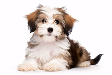 A charming, joyous scarlet-hued havanese pup is gazing at the lens, isolated on a white backdrop.