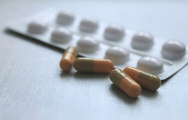 Medical drugs,  tablets, capsules on a  background