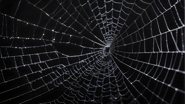 close-up view of a spider web with a black background