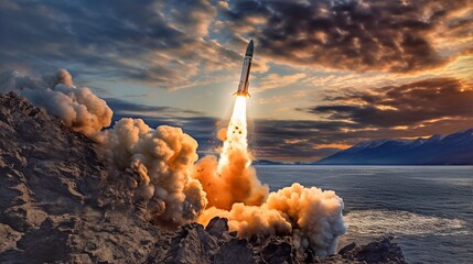 A ballistic missile takes off from the rocks of an island in the sea against the background of mountains. Combat missile launch. a rocket soaring into the sky over the sea - obrazy, fototapety, plakaty
