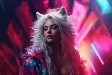 Futuristic Neon Portrait of Woman with Faux Fur Ears