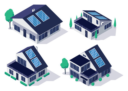 Classic and modern family house residential apartment buildings with roof solar panels. Real estate home property. Contemporary standard suburban urban village style