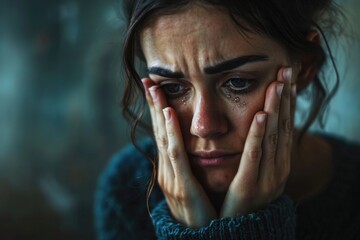 Fototapeta premium Sad depressed desperate grieving crying woman with folded hands and tears eyes during trouble, life difficulties, depression and mental emotional problems