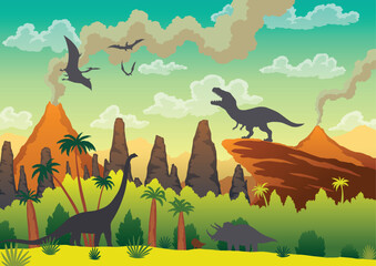 Prehistoric landscape - volcano with smoke, mountains, dinosaurs and green vegetation. Vector illustration of beautiful prehistoric landscape and dinosaurs