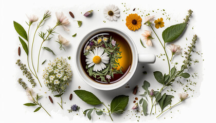 Tea with herbs and flowers in a cup top view. Generative AI, - obrazy, fototapety, plakaty