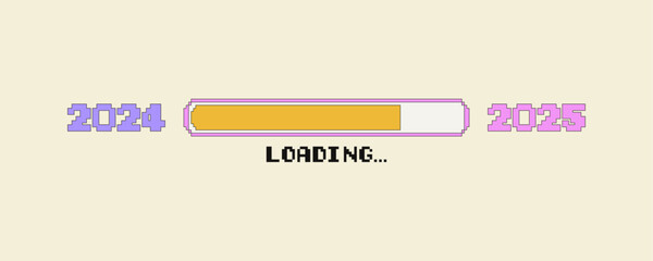 Loading bar 2024 to 2025 in 8-bit retro games style. New Year pixel art banner. Vector illustration
