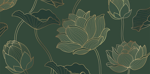 Golden lotus green background vector. Tropical flower design, Lotus leaves line arts for wallpape, packaging, covers, vector illustration. - 697372068