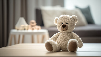 table with a plush toy bear in the baby room. Generative AI,