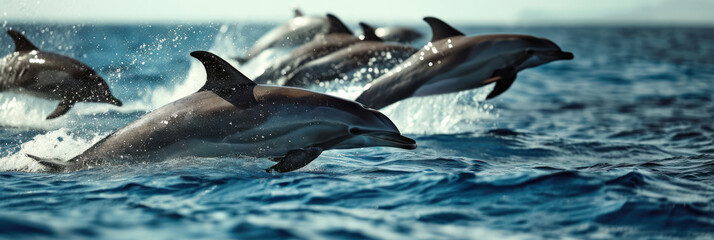 A group of dolphins jumps out of the water, banner, background