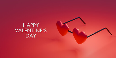 Happy Valentine's Day Banner Greeting Card Love Glasses Shape 3D Rendering.