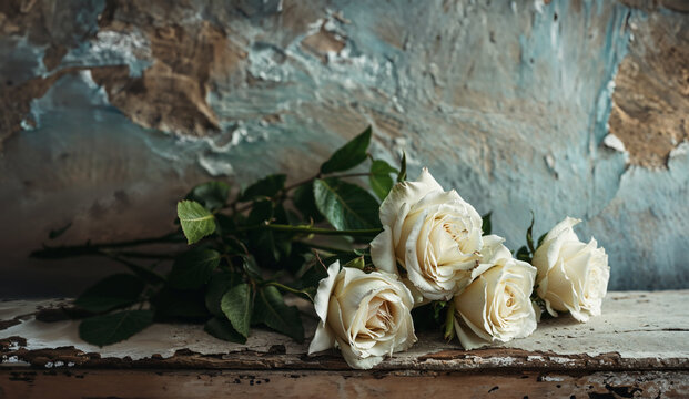tiges de roses blanches posées sur un meuble ancien avec peinture écaillée
