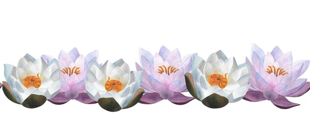 Watercolor lilac and white waterlilies seamless border Purple floral pattern for wallpaper, wrapping paper, spa design Lotus flower print Botanical background