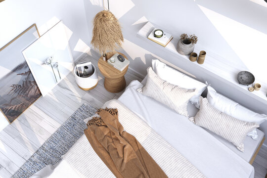 visualization of a bedroom interior in natural tones