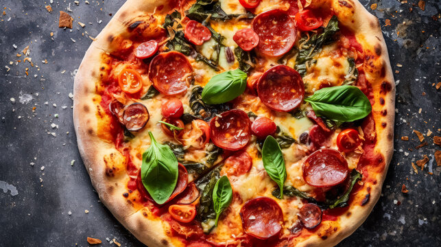Top view of a Paperoni pizza adorned with basil