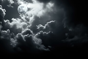 Mystical Full Moon Over Cloudy Night Sky