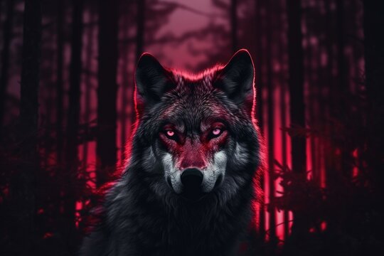 Mystical Red-Eyed Wolf in Dark Forest