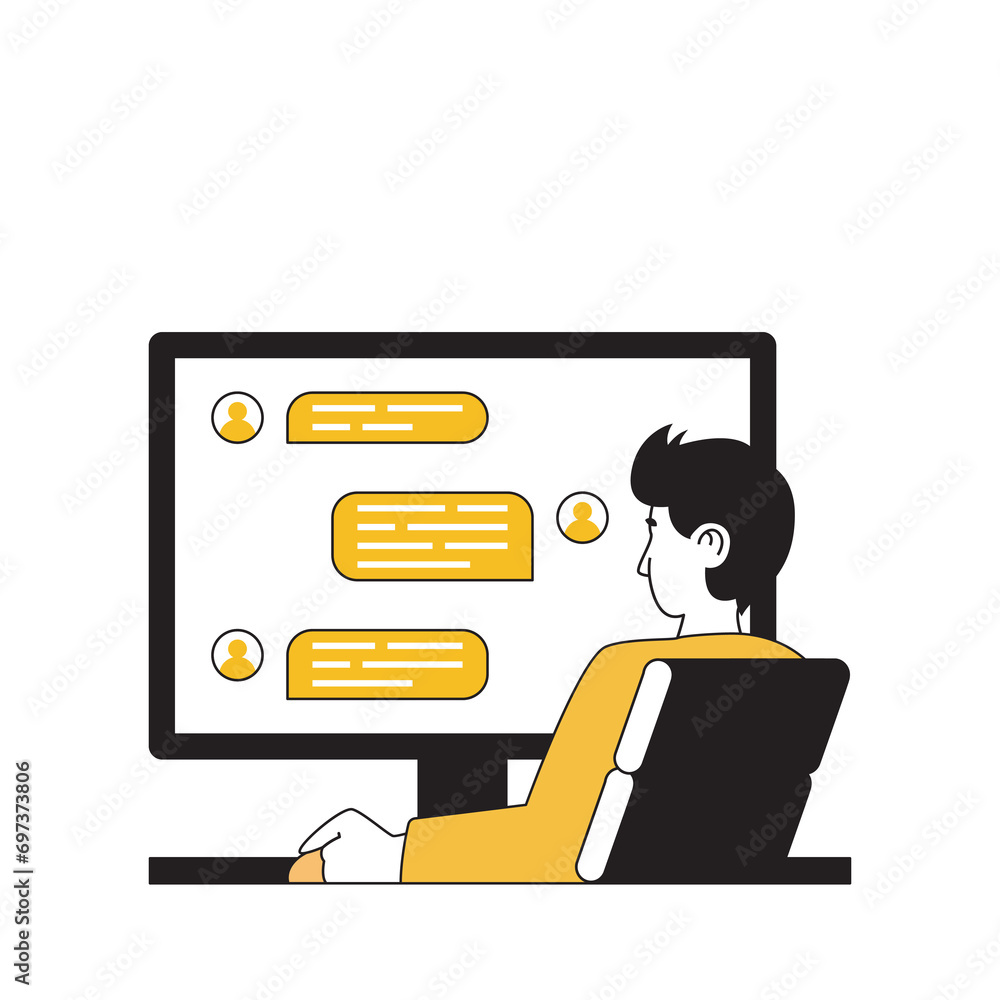Poster digital business concept with cartoon people in flat design for web. man chatting with online client