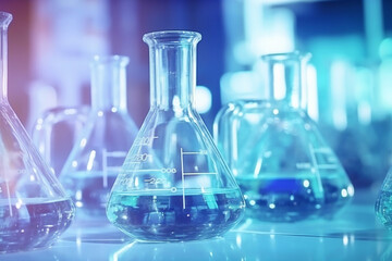 Laboratory Research and Development. Scientific glassware for chemical experiment Laboratory glassware Glass flask and beaker in medical health science.AI Generative