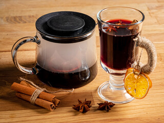mulled wine on the wooden table