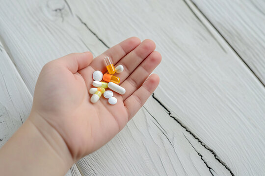 A child's hand is holding a handful of pills and capsules, Generative Ai